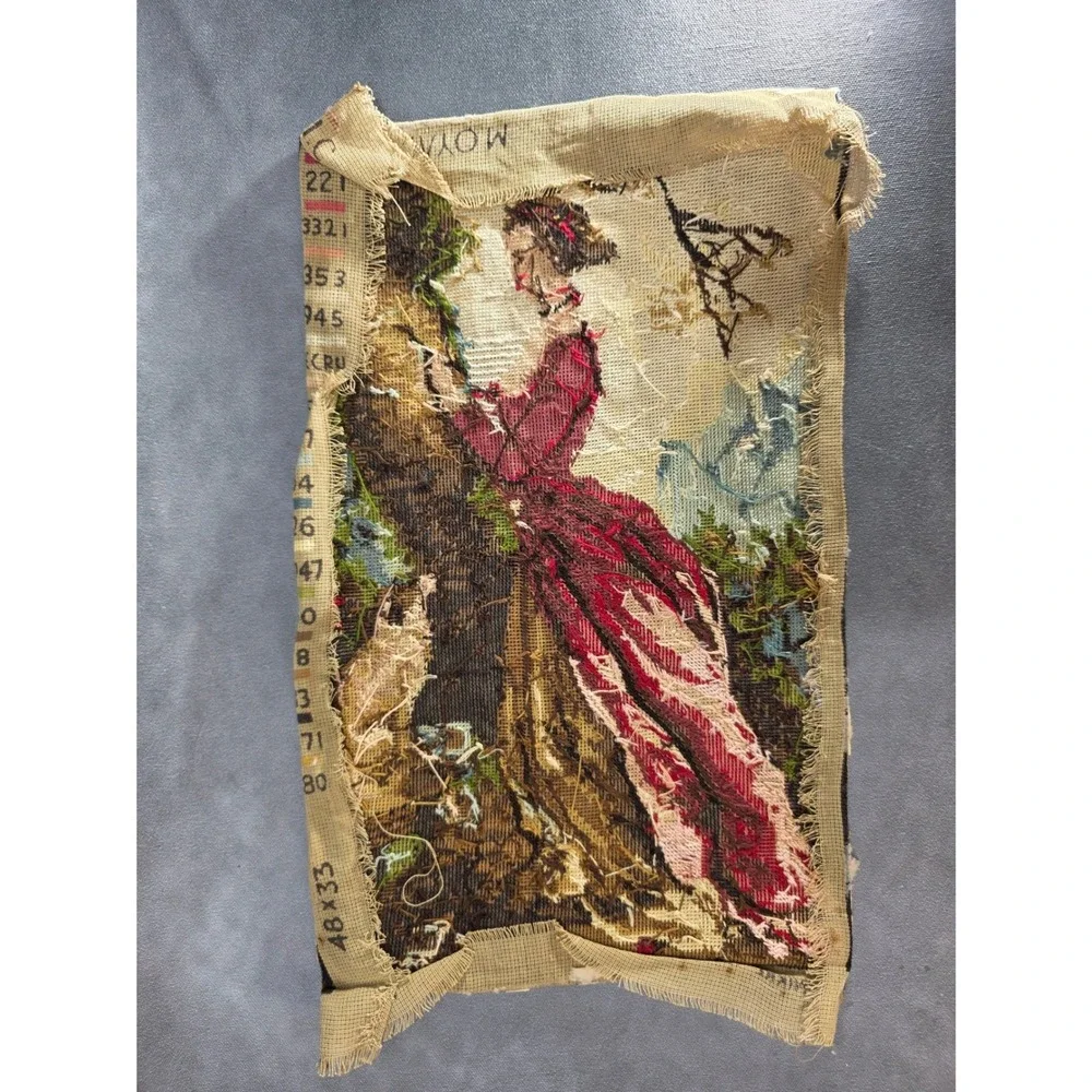 Vintage Greek Needlepoint Tapestry Victorian Woman Red Dress Textile Art 48x33